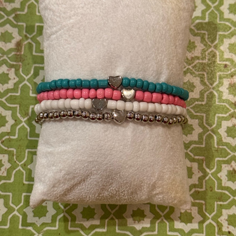 Pastel Heart Beaded Stretch Bracelet Stack – Teal, Pink & White – 4 Piece Set - Picture 2 of 9